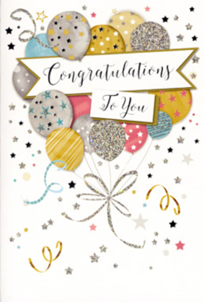 In this image, a contemporary yet timeless congratulations card takes centre stage, its design crafted with the same care you might expect from a bespoke arrangement prepared in Ilford. The artwork is composed around a generous bouquet of balloons, gathered together and floating upwards against a light, uncluttered background. Each balloon has been illustrated with attention to detail: softly curved edges, gentle shading, and a luminous metallic palette of gold, silver, champagne, sky blue, blush pink, and misty grey. Some balloons sparkle with clusters of fine stars, others are traced with neat stripes or veils of glitter, echoing the sense of excitement that often fills homes around Ilford when good news is shared. From the base of the cluster, slender ribbons in gold and silver cascade downwards in loose curls, suggesting movement, as though a window has been opened somewhere near Cranbrook Park and a soft breeze has set them swaying. Draped across the centre of the balloons is a wide, flowing banner, inscribed with Congratulations To You in refined, hand-lettered script that marries formality with warmth. Around this focal point, the pale backdrop is scattered with tiny metallic stars, tiny dots, and swirling accents, reminiscent of confetti caught mid-air at a celebration in a local hall off Ilford Lane. The subtle sheen of foiling along the balloons and stars adds dimension and a gentle sparkle, ensuring the design feels special yet not overpowering. Overall, the card communicates joy, admiration, and pride-the visual equivalent of a heartfelt pat on the back-making it an ideal partner to a fresh arrangement from Flower Delivery Ilford when recognising exam results, work milestones, or personal achievements across the community.