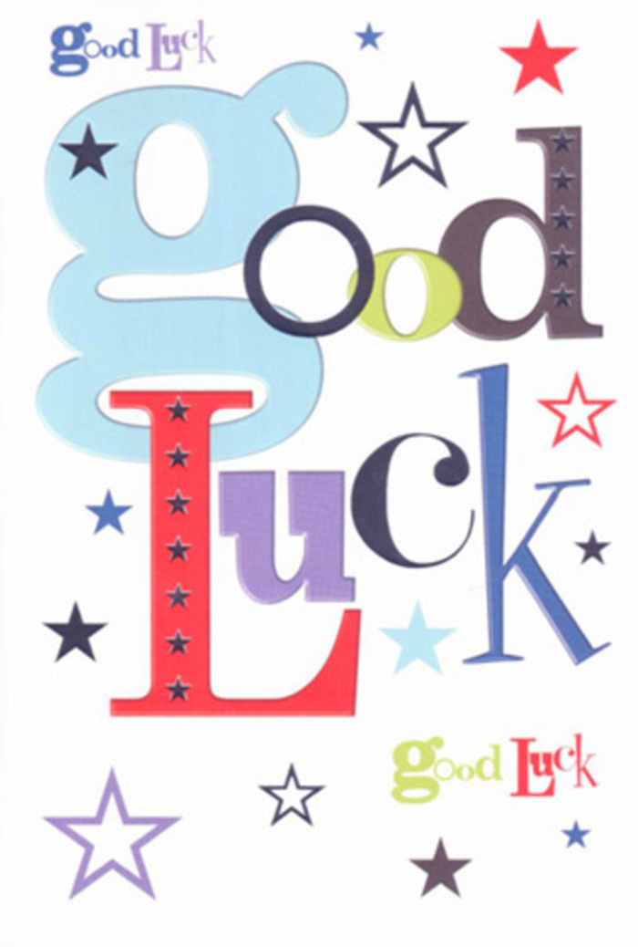 This luck-themed card feels like a little celebration on paper, the kind you might tuck into a bouquet before it heads out for same-day delivery to a home off Cranbrook Road or an office near Ilford Station. The design sits on a bright, uncluttered white card, where the phrase Good Luck is spelled out in a joyful medley of fonts and colours that seem to chat with each other across the page. One letter might be wide and pastel blue, its soft curve friendly and open, while the next is slender and midnight black, giving a subtle sense of poise. A lively red character pops forward like a friendly cheer; a moss-green letter adds grounded warmth; a deep violet stroke lends a touch of quiet confidence. Between and around these letters, coloured stars scatter as if blown in on a breeze-navy and inky blue for depth, lilac and lavender for softness, with flashes of lemony lime and sky blue to keep the whole scene bright and hopeful. The stars vary from bold, clearly defined shapes to faint, almost whispered dots, echoing the layers of encouragement that come from family, friends, and colleagues when someone embarks on a new chapter. The card's cardstock looks crisp and of good weight, the printed inks smooth and even, inviting you to run a fingertip along each curve and edge as you compose a personal note inside. Gentle, diffused lighting in the image prevents any glare, allowing the colours to appear fresh and honest, much like blooms freshly arranged on the counter of a neighbourhood florist in Ilford. The overall mood is one of affectionate support-a visual hug that carries hope, excitement, and genuine belief that the recipient is ready for whatever comes next.