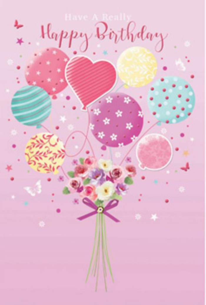 Whimsical birthday illustration depicting an uplifting arrangement of pastel balloons carrying a petite flower bouquet, evoking the joyful spirit of celebrations across Ilford. The background is a pale, rosy pink that feels calm and inviting, like the soft evening light that falls across residential streets near Gants Hill. At the centre floats a loose cluster of balloons, their rounded shapes overlapping and drifting upward with gentle energy. They are painted in a palette of pale sunshine yellow, blush and fuchsia-tinged pinks, minty greens, and silvery lavender. Each balloon is adorned with a distinct design-curving candy-like stripes, lively polka dots, and small floral patterns that give the sense of a garden party in the sky above Cranbrook Park. Tied below is a delicately drawn, hand-tied bouquet featuring petite roses and daisy-like blossoms. The petals are shaded from creamy ivory at the base to soft rose and mauve at the tips, as if lit from within, capturing the dewy freshness of flowers prepared early in the morning for same-day delivery around Ilford and nearby neighbourhoods. The stems gather neatly at the base, secured with a sparkling purple bow whose sheen catches the imaginary light, adding a touch of polished detail. A few tiny stars and butterfly-like silhouettes flutter around the bouquet, suggesting movement and the happy flutter of birthday excitement. Overall, the illustration balances playfulness with refinement, turning the combination of balloons and blooms into a tender visual expression of birthday joy, the kind of design a local Ilford florist might choose to accompany heartfelt wishes for family and friends.