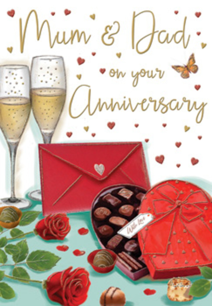 Elegant anniversary card scene rendered in rich reds, warm golds, and deep chocolate browns, evoking a private celebration that might be unfolding in an Ilford flat near Valentines Park. At the rear of the composition, two tall champagne flutes stand close together, their clear glass illustrated with soft reflections that capture nearby light. The flutes are filled with pale golden champagne, and fine, rising bubbles are frozen in place, suggesting the anticipation of a shared toast between long-time partners. In front of them, a heart-shaped box of chocolates provides a luxurious focal point. The box is a deep, romantic red, its smooth surface subtly shaded, and its lid is propped open to reveal neat rows of assorted chocolates, each truffle shaded with glossy highlights that imply rich, indulgent centres. A lush scarlet satin bow drapes over the box, its ribbon folds curved and overlapping like the loops on a hand-tied bouquet arranged by a local Ilford florist. Nearby, two red roses rest gracefully on the tabletop, petals full and velvety, their crimson tones offset by healthy, deep green leaves that suggest freshly cut stems. A few loose chocolates and a gentle scattering of tiny golden and crimson hearts float across the design, adding rhythm and a light-hearted sense of romance. A vibrant red envelope, sealed with a small heart and placed just off-centre, hints at a handwritten message inside-perhaps for Mum & Dad celebrating many years together in IG1. The soft, warm lighting gives everything a golden wash, evoking lamplight over a quiet table after Flower Delivery Ilford has delivered an anniversary bouquet, creating a mood of contentment, nostalgia, and enduring love.