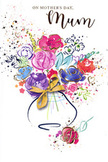 Joyful watercolour Mother's Day card illustration depicting a vibrant bouquet gathered in a curved vase, glowing with colour as if freshly arranged in a flower shop just off Ilford Lane. The flowers range from lush purples and deep indigos to playful pinks, radiant reds, and serene blues, each bloom suggested with loose, swirling brushstrokes that keep the shapes soft and romantic. Gentle lavender tints drift between the brighter hues, adding calmness and balance, like a cool breeze over Valentines Park on a sunny spring day. Delicate golden accents trace the edges of certain petals and leaves, creating a soft shimmer that suggests elegance and care, much like the tiny finishing details a florist adds before sending out a Mother's Day bouquet. All around the central arrangement, small splatters of paint and floating heart motifs scatter across the white background, giving the sense of petals tossed in celebration and the joyful chaos of family life. The vase itself is simple, with smooth curves and an elegant golden bow tied around its middle, evoking the feel of satin ribbon pulled snugly in a final flourish. The composition is airy yet full, leaving enough white space for the colours to breathe while still conveying a sense of abundance. This card captures the emotional warmth of saying thank you, Mum with flowers-an illustrated bouquet that feels ready to be placed on a table near an Ilford window, filling the room with love, appreciation, and quiet celebration.