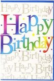 In the image, a striking birthday card stands upright, seeming ready to be handed over at a celebration in Ilford. The central focus is the bold phrase Happy Birthday, spelled out in generous, rounded letters that appear almost embossed. Each letter is filled with a flowing gradient of colour that transitions seamlessly from deep red and magenta through bright orange and lemon-yellow into lively green, turquoise, cobalt, and purple, echoing the energetic colour mix of market flowers on Ilford Lane. The colours fade into each other softly, with no sharp boundaries, creating a gentle, glowing effect that brings movement and joy to the design. Behind this vivid message, the entire background is woven with delicately printed golden handwriting. The words Happy Birthday to you repeat in fine, cursive script, each line leaning and curling just slightly, like musical notes on a stave. The gold ink shimmers subtly, reminiscent of evening lights reflecting off shop windows near the Exchange Ilford, adding sophistication and depth without overwhelming the main text. Small, scattered flecks of light, reminiscent of tiny stars or confetti, dot the card here and there, contributing a playful sparkle that hints at laughter, cake, and candles. The surface of the card appears smooth and satin-finished, with just enough sheen to enhance the colours and metallic accents. Altogether, the design feels both jubilant and polished, ideal for pairing with a vibrant birthday bouquet delivered anywhere across Ilford, from Cranbrook Road to the quieter residential streets, when you want your written wishes to look as heartfelt and festive as they feel.