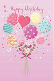 Gentle birthday card artwork showing pastel balloons floating above a compact bouquet of flowers, styled in a way that feels very at home in Ilford's vibrant gifting scene. The image sits on a soft pink canvas, evoking the sweetness of celebratory mornings when fresh flowers arrive along Ilford High Road. Rising from the centre is a dreamy gathering of balloons in tender, sherbet-like tones of blush pink, mint, lemon, and lavender. Each balloon has been given its own charming identity: some are wrapped in swirling, ribbon-like stripes, others are dotted with playful polka spots, and a few reveal delicate floral or swirl motifs that add to the sense of artistry. Suspended beneath this arrangement, a small bouquet appears hand-tied, composed of petite roses and anemone-style blooms in creamy white, pale blush, and muted mauve. The petals look soft and layered, as though opened that very day in the cool of a florist's workroom. The stems are gathered precisely and finished with a violet satin bow whose slight shimmer echoes the cooler tones above. Light seems to wash gently across the composition, giving the balloons a subtle sheen and casting a soft glow on the blossoms, so the whole scene feels light, airy, and celebratory. Tiny star shapes and fluttering, butterfly-like accents add a fairy-tale quality, as if birthday wishes are being carried over Valentines Park on a warm breeze. The mood is one of tender joy and thoughtfulness, capturing the spirit of marking another year with flowers, colour, and a touch of magic.