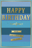 In this image, a refined birthday card pairs tranquil blues with tasteful gold details, offering a quietly joyful way to mark someone's special day in Ilford. The card's background is built from wide horizontal stripes, each band shifting in tone from one blue to the next, creating a soft ombré reminiscent of an evening sky over the rooftops near Ilford Station. Lighter shades of sky blue and aqua appear toward the top, gradually deepening into teal, ocean, and rich navy at the base, giving the design a sense of depth and calm. Centered on these layered hues, the message HAPPY BIRTHDAY is embossed in metallic gold, each letter tall, even, and gently raised so it stands out both visually and to the touch. The gold gleams softly, suggesting celebration while still keeping the overall mood peaceful and composed. Immediately beneath, a delicate golden flourish unfurls like an elegant signature, adding a touch of classic charm. Below this flourish, three slim gold banners sit in a tidy vertical stack, each ribbon bearing a portion of a warm, encouraging wish: Relax, have a great day and enjoy! The font is refined yet inviting, as though spoken by a thoughtful friend. A narrow gold frame runs along the card's edges, completing the design and echoing the other metallic elements. The card stock appears thick and smooth with a velvety matte finish, conveying a sense of quality. One can easily picture this card displayed beside a bouquet of fresh birthday flowers delivered locally, its blues and golds quietly catching the light and enhancing the feeling of a calm, heartfelt celebration.