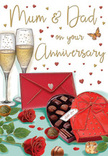 Inviting anniversary card illustration that portrays a richly detailed, romantic still life, as if set on a carefully prepared table in an Ilford home near Cranbrook Road. Two slender champagne flutes rise at the back of the scene, their long stems and gently curved bowls almost touching. Each glass is filled with radiant golden champagne, and tiny bubbles seem to pause just before they reach the surface, catching specks of light that add a soft, celebratory shimmer. In the foreground, a heart-shaped box of chocolates commands attention; its deep red casing and curved shape feel indulgent and generous. The slightly open lid reveals an orderly array of truffles in varying shades of brown, each one rendered with glossy highlights that hint at caramel, praline, or ganache inside. A wide scarlet satin bow rests across the box, its ribbon draping in smooth arcs like the finishing touch on a gift prepared for local delivery across Ilford and nearby Gants Hill. To one side, two red roses lie on the tabletop, petals plush and velvety, spiralling outward in rich crimson tones, while dark green leaves frame them with a sense of freshness and life. A few scattered chocolates and delicate golden and crimson hearts drift across the scene, introducing movement and playful romance. A bright red envelope, sealed with a tiny heart, sits nearby, suggesting tender words written for a beloved partner or treasured parents celebrating many years together. The whole design is bathed in gentle, warm light, reminiscent of evening glow through an Ilford bay window, creating a mood of intimacy, warmth, and the sweet comfort of long-lasting love.